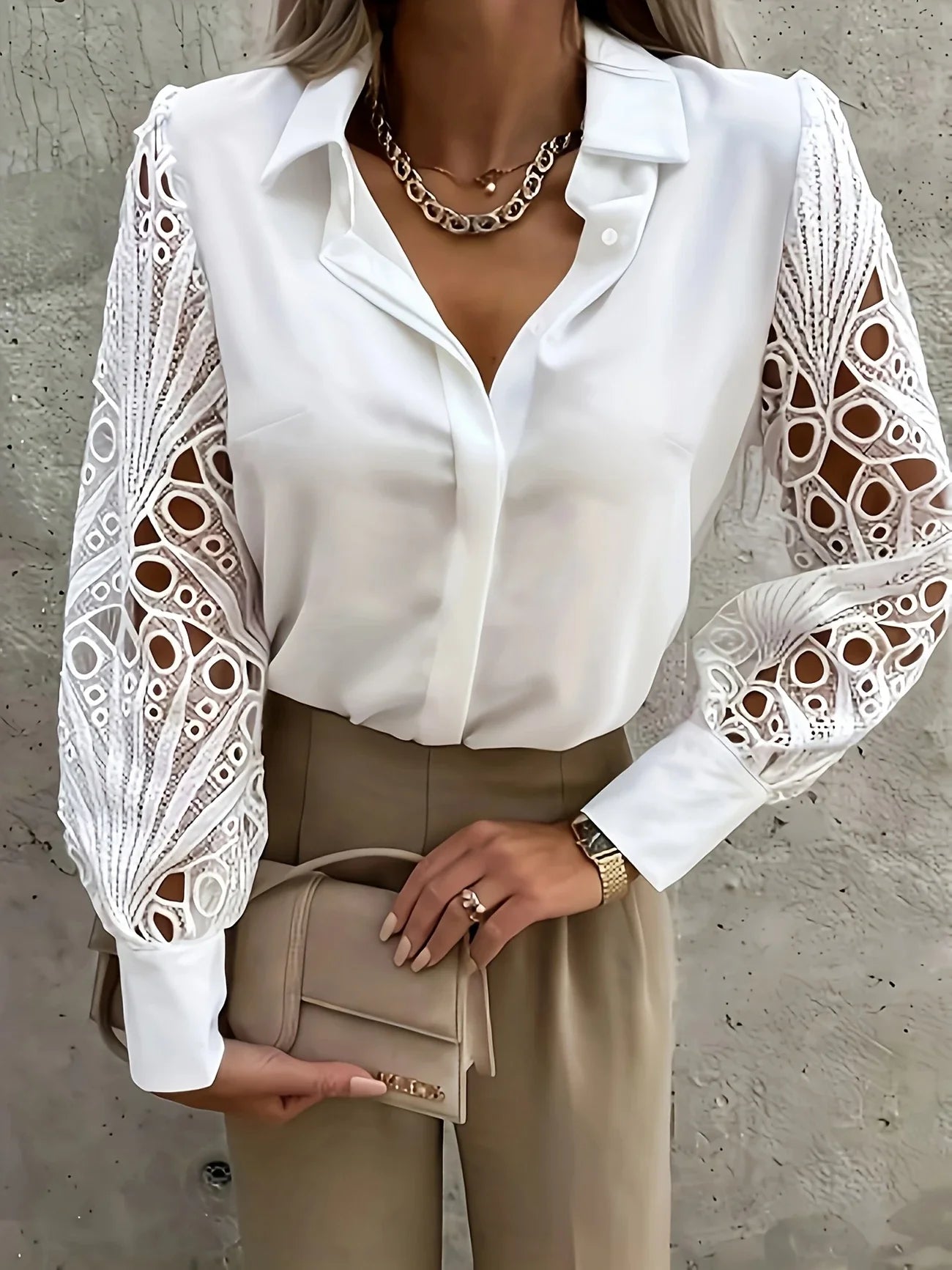 Blouse Dentelle Élégante Manches Longues Boutons - Grandes Tailles 1XL-5XL