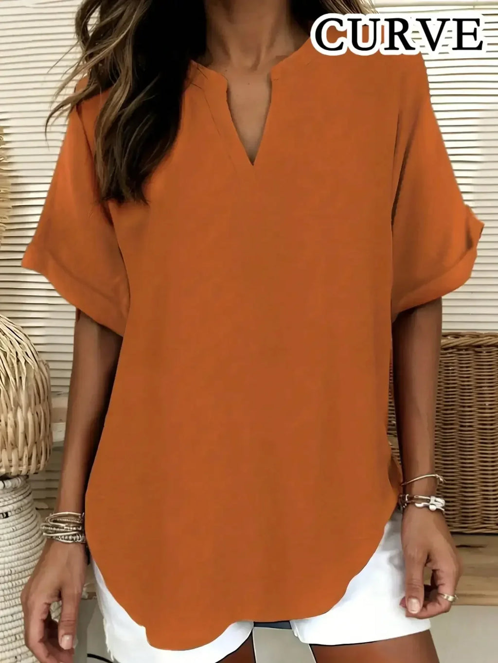 Blouse Casual Col V Manches Longues Couleur Unie - Grandes Tailles 1XL-5XL