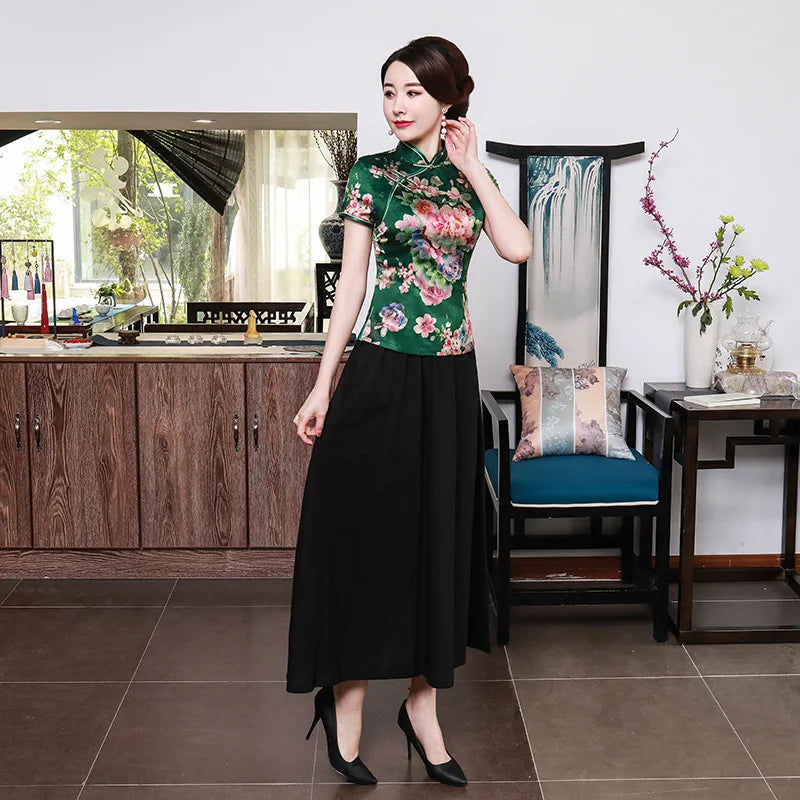 Blouse Traditionnelle Chinoise Grande Taille 3XL-5XL - Manches Courtes Fleurs