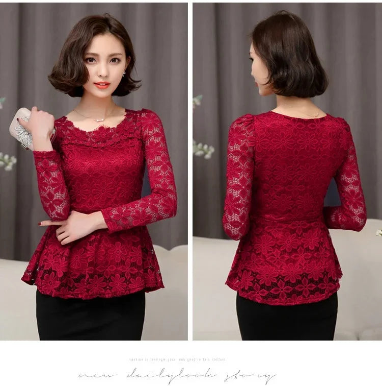 Blouse Vintage Dentelle Manches Longues Plissée - Grandes Tailles S-5XL
