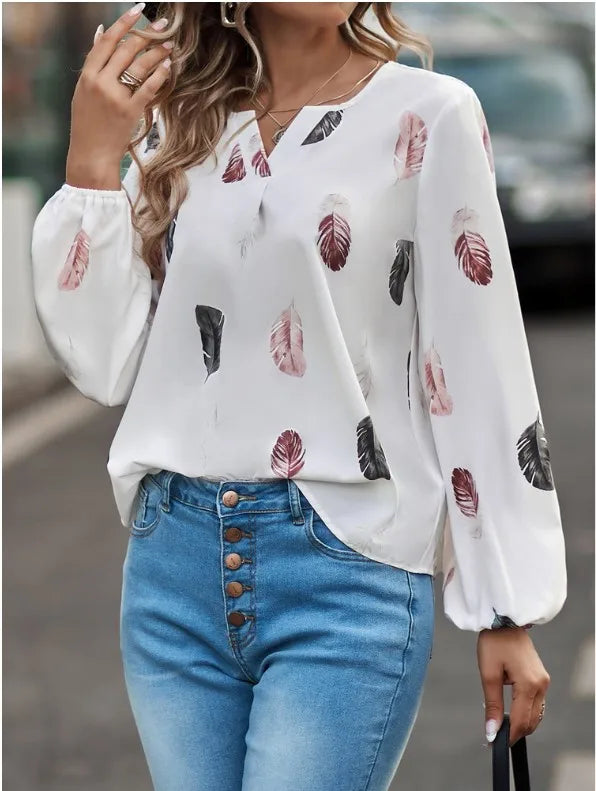 Blouse Chiffon Imprimé Plumes Manches Longues - Grandes Tailles 1XL-5XL