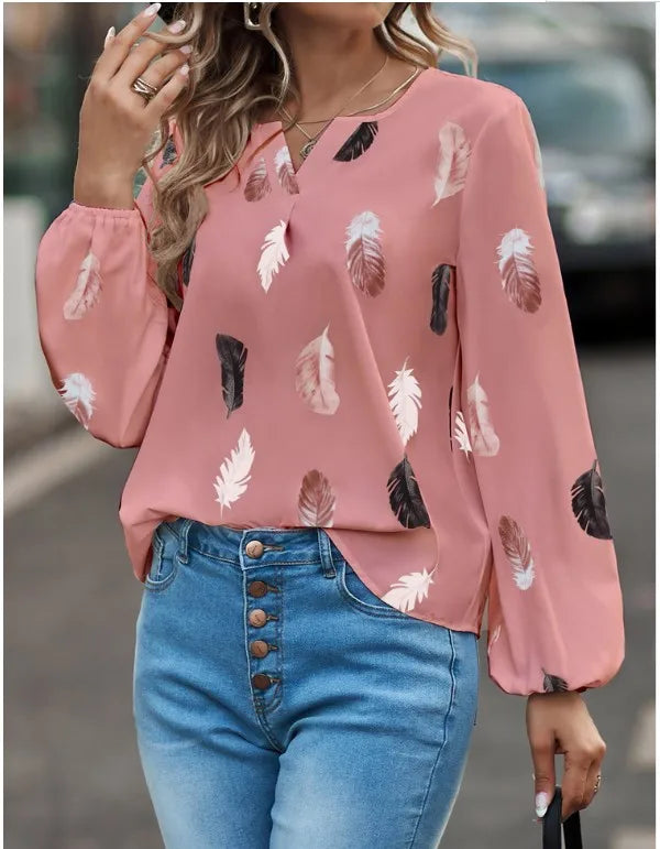 Blouse Chiffon Imprimé Plumes Manches Longues - Grandes Tailles 1XL-5XL