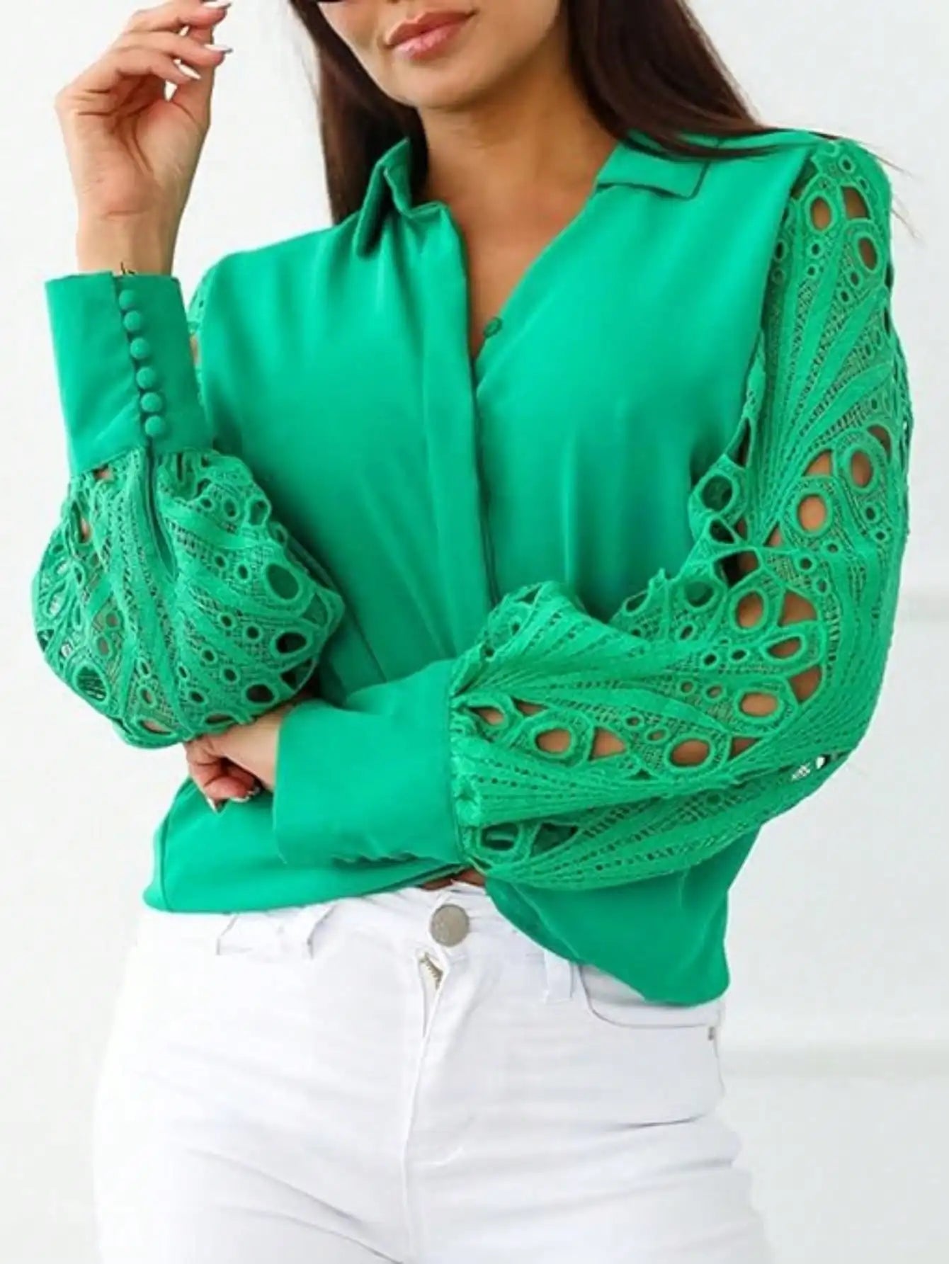 Blouse Dentelle Élégante Boutonnée - Grandes Tailles 1XL-5XL
