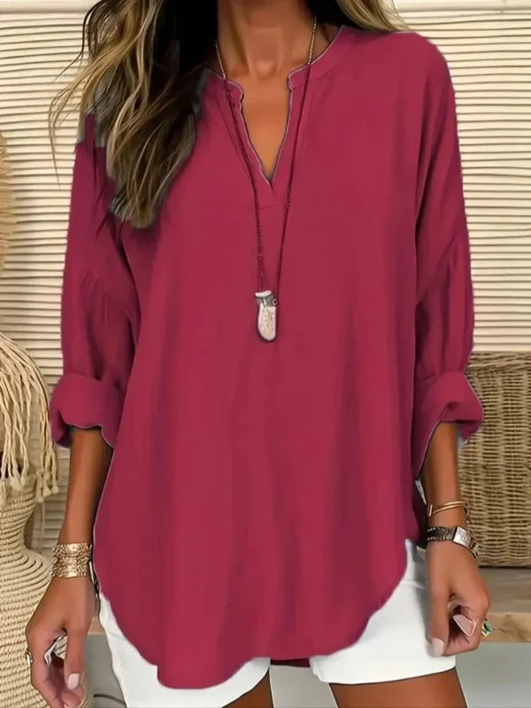 Blouse Casual Col V Manches Longues Couleur Unie - Grandes Tailles 1XL-5XL