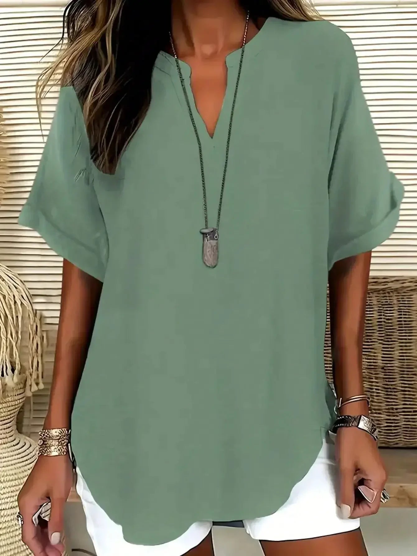 Blouse Casual Col V Manches Longues Couleur Unie - Grandes Tailles 1XL-5XL