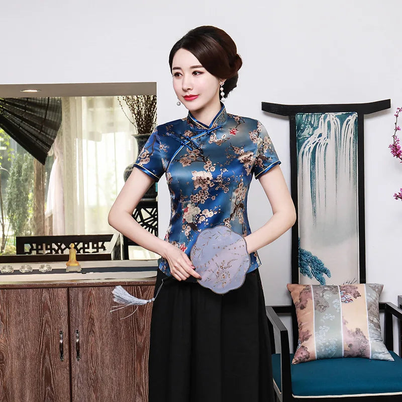 Blouse Traditionnelle Chinoise Grande Taille 3XL-5XL - Manches Courtes Fleurs