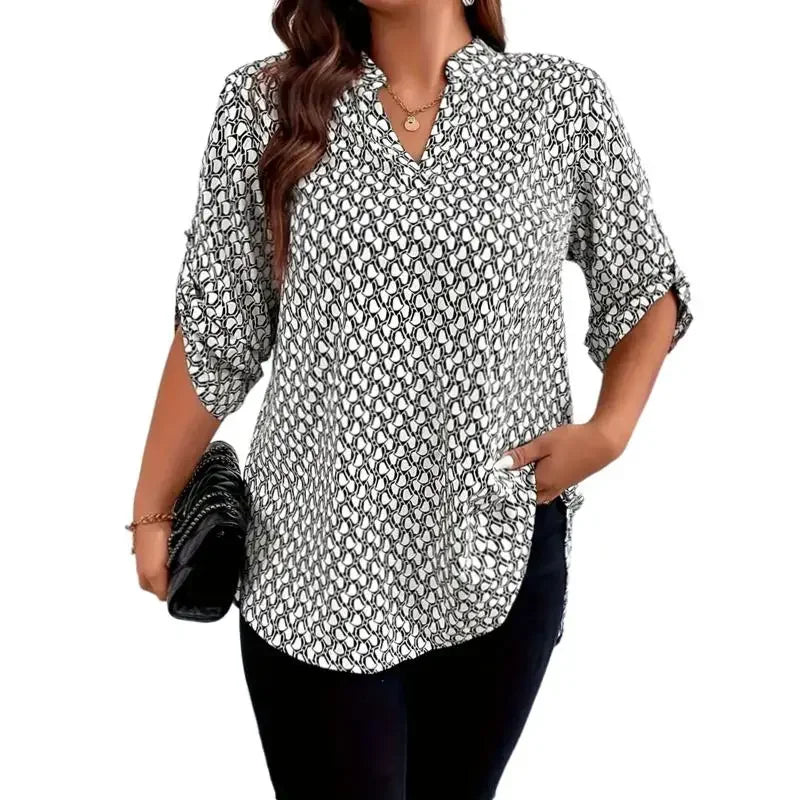 Blouse Imprimée Col V Manches 3/4 - Grandes Tailles 1XL-5XL