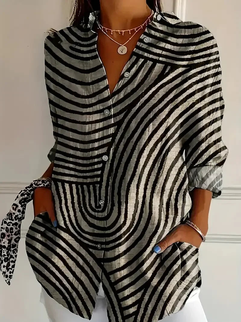 Blouse Imprimée Zèbre Col Chemise - Grandes Tailles 1XL-5XL
