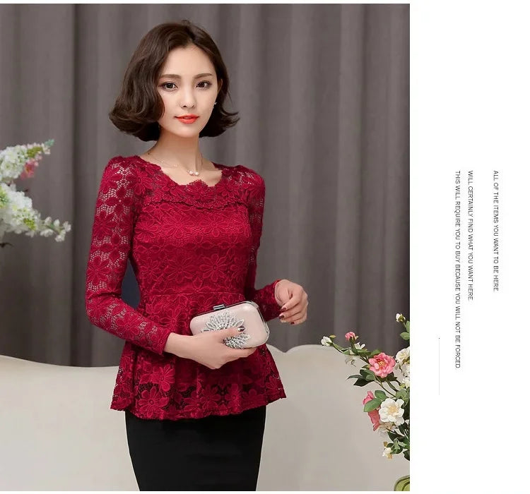 Blouse Vintage Dentelle Manches Longues Plissée - Grandes Tailles S-5XL