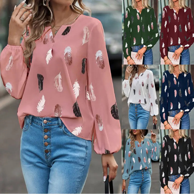 Blouse Chiffon Imprimé Plumes Manches Longues - Grandes Tailles 1XL-5XL