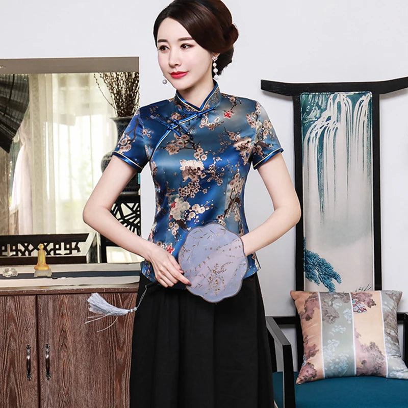 Blouse Traditionnelle Chinoise Grande Taille 3XL-5XL - Manches Courtes Fleurs