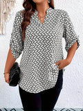 Blouse Imprimée Col Cranté Manches 3/4 - Grandes Tailles 1XL-5XL
