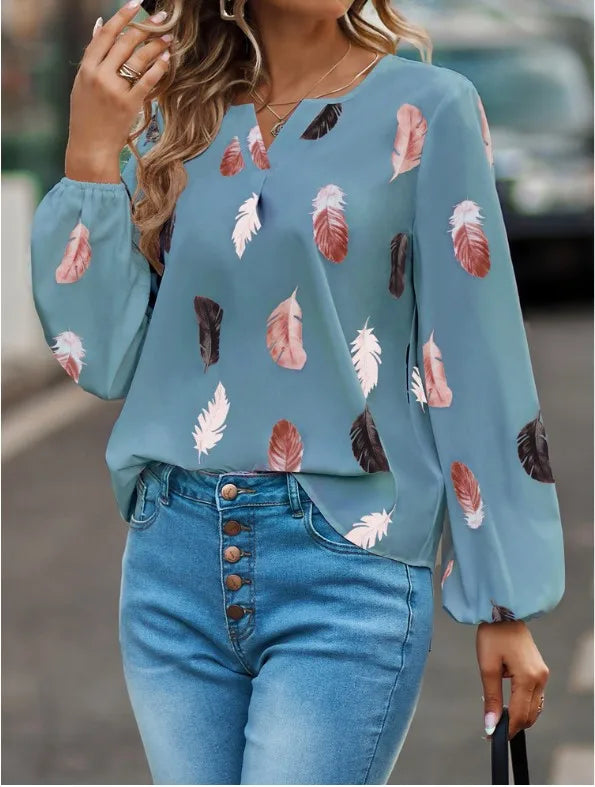 Blouse Chiffon Imprimé Plumes Manches Longues - Grandes Tailles 1XL-5XL