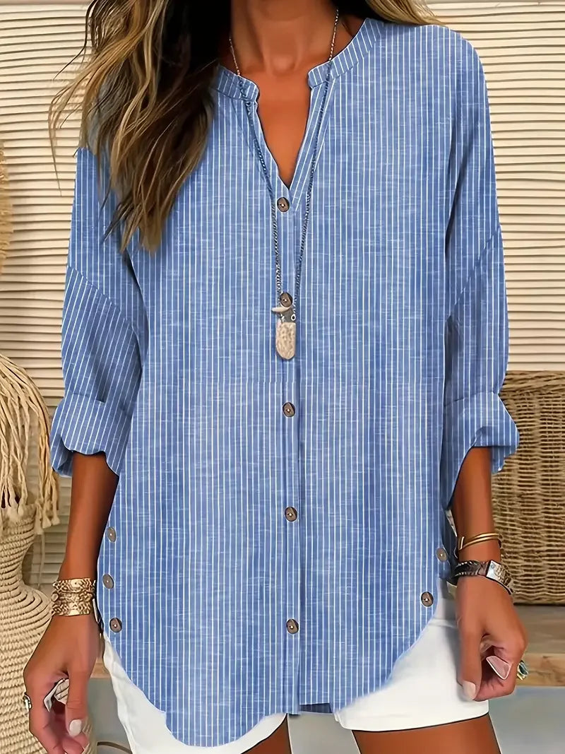 Blouse Casual Col V Manches Longues Couleur Unie - Grandes Tailles 1XL-5XL