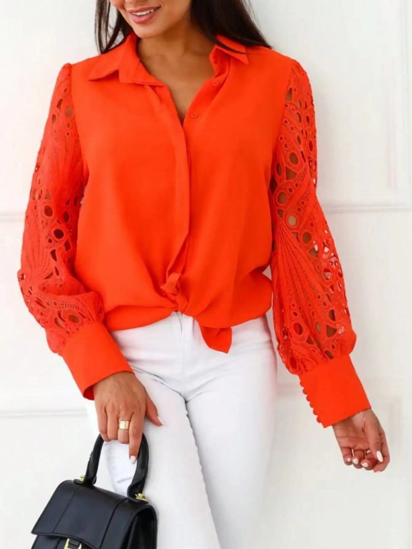 Blouse Dentelle Élégante Manches Longues Boutons - Grandes Tailles 1XL-5XL