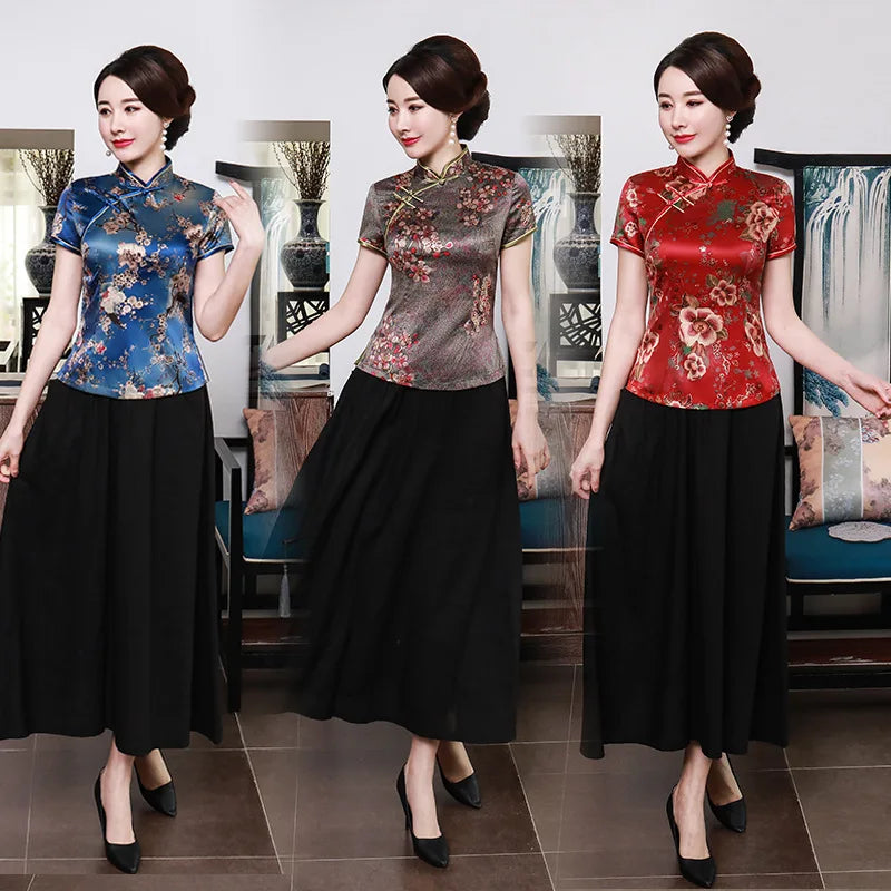 Blouse Traditionnelle Chinoise Grande Taille 3XL-5XL - Manches Courtes Fleurs