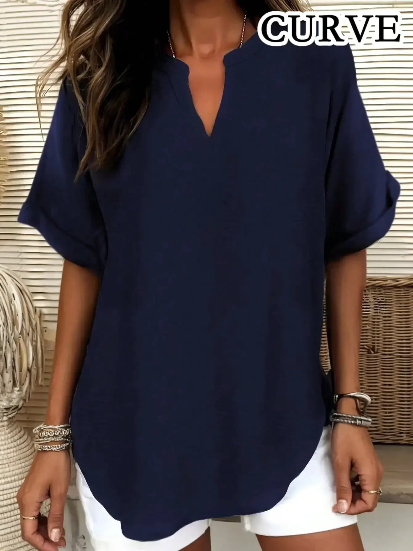 Blouse Casual Col V Manches Longues Couleur Unie - Grandes Tailles 1XL-5XL