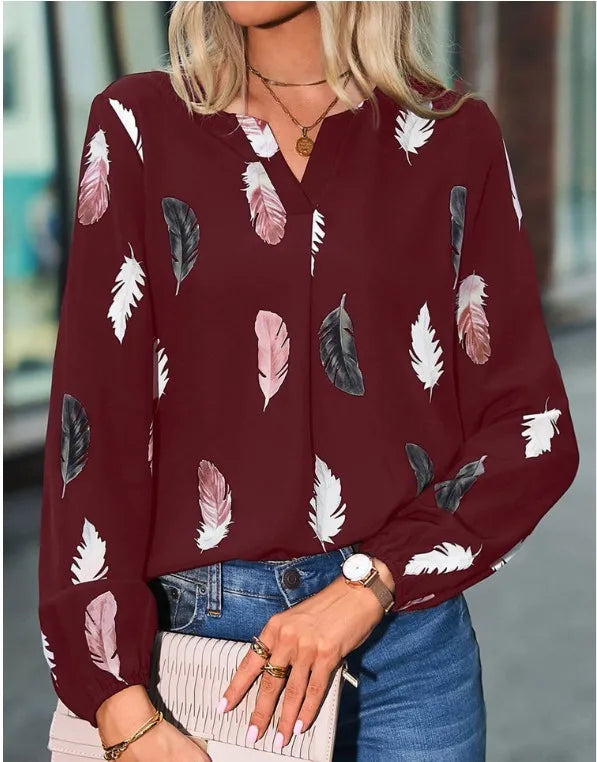 Blouse Chiffon Imprimé Plumes Manches Longues - Grandes Tailles 1XL-5XL