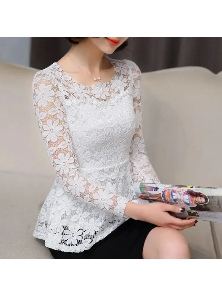 Blouse Vintage Dentelle Manches Longues Plissée - Grandes Tailles S-5XL
