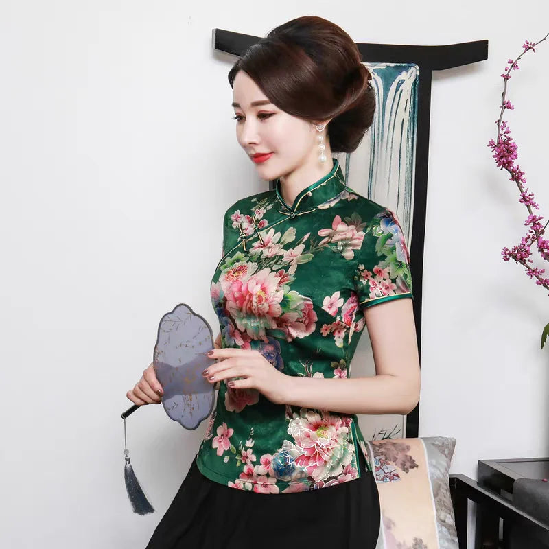Blouse Traditionnelle Chinoise Grande Taille 3XL-5XL - Manches Courtes Fleurs