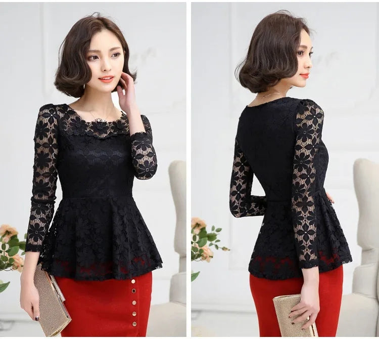 Blouse Vintage Dentelle Manches Longues Plissée - Grandes Tailles S-5XL