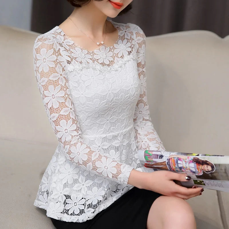 Blouse Vintage Dentelle Manches Longues Plissée - Grandes Tailles S-5XL
