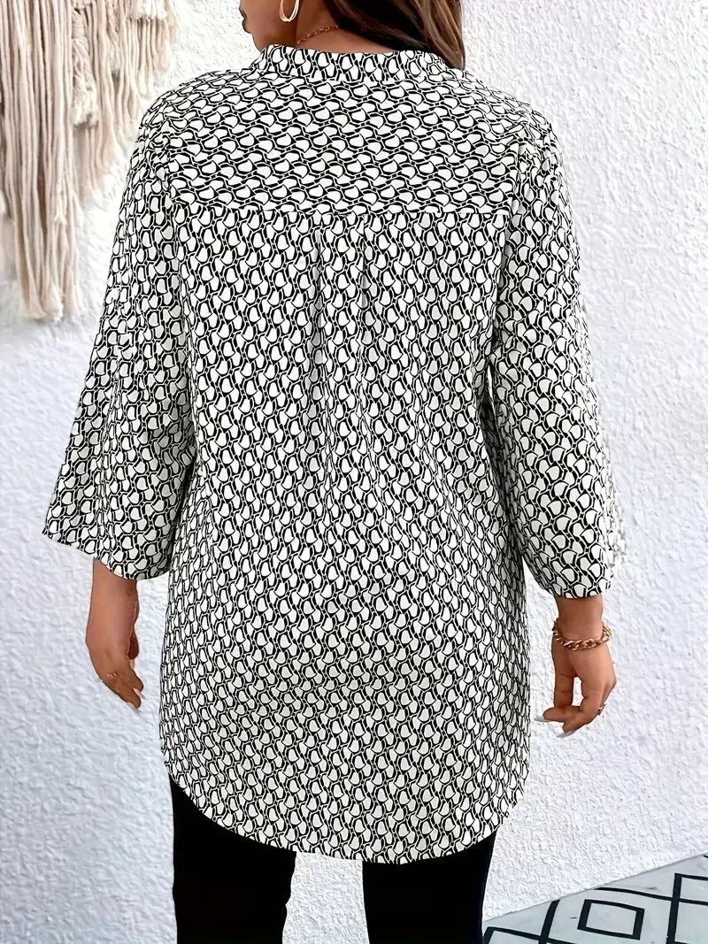Blouse Imprimée Col Cranté Manches 3/4 - Grandes Tailles 1XL-5XL