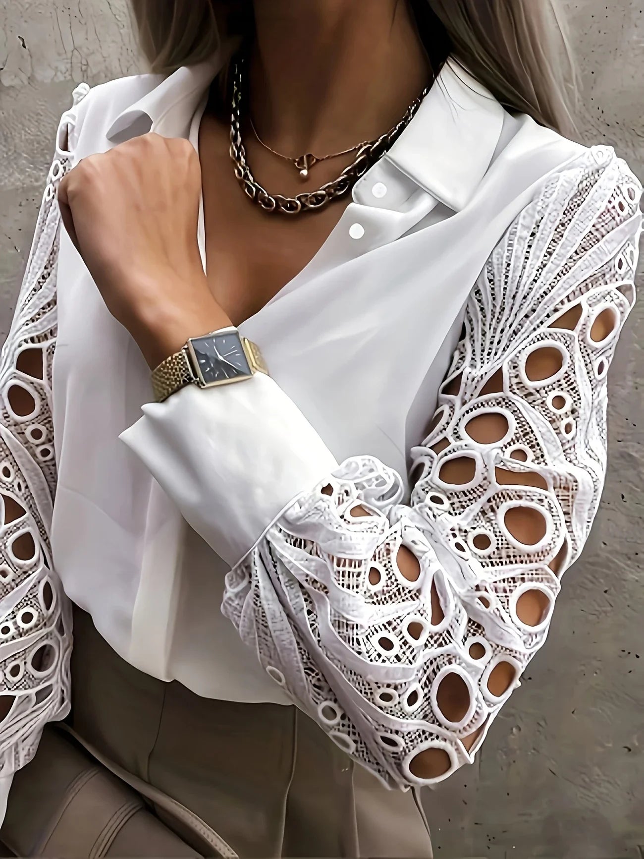 Blouse Dentelle Élégante Manches Longues Boutons - Grandes Tailles 1XL-5XL