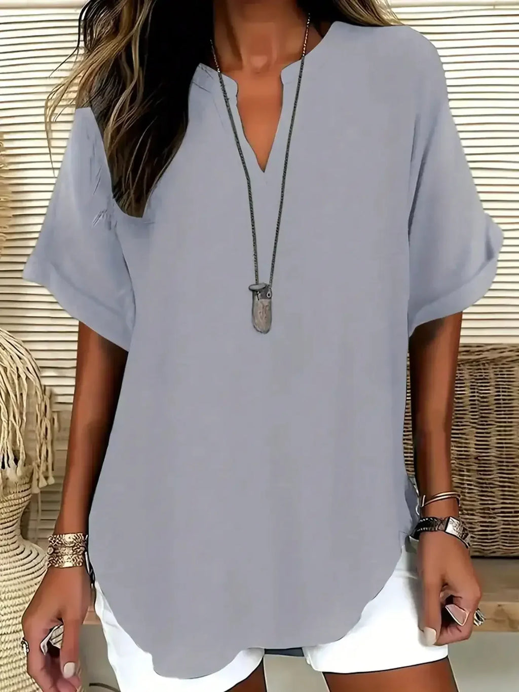 Blouse Casual Col V Manches Longues Couleur Unie - Grandes Tailles 1XL-5XL