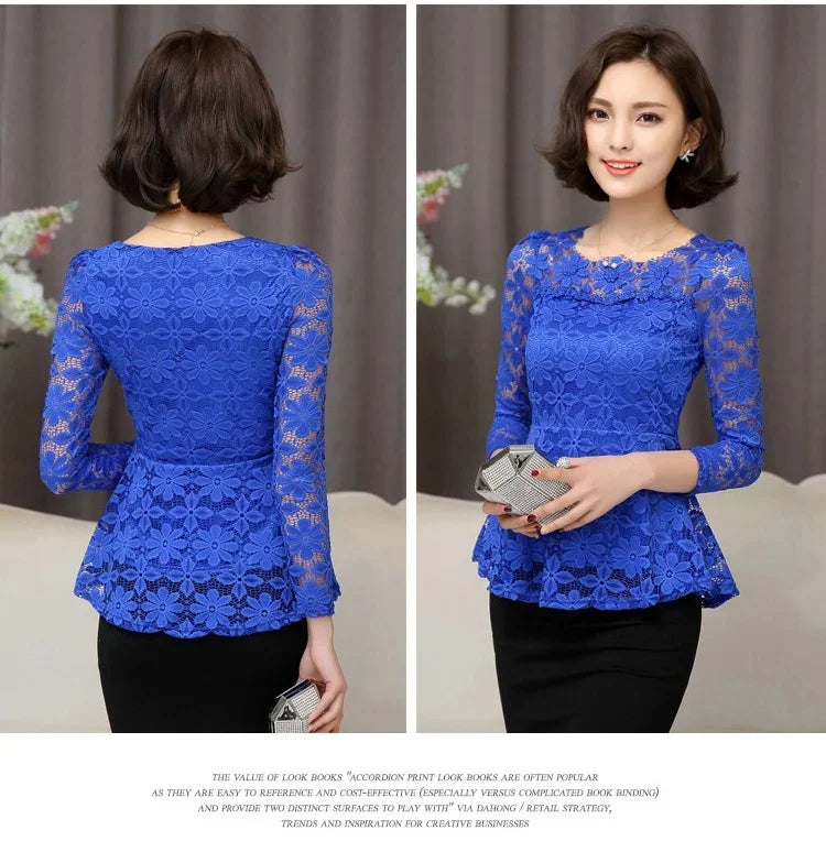 Blouse Vintage Dentelle Manches Longues Plissée - Grandes Tailles S-5XL