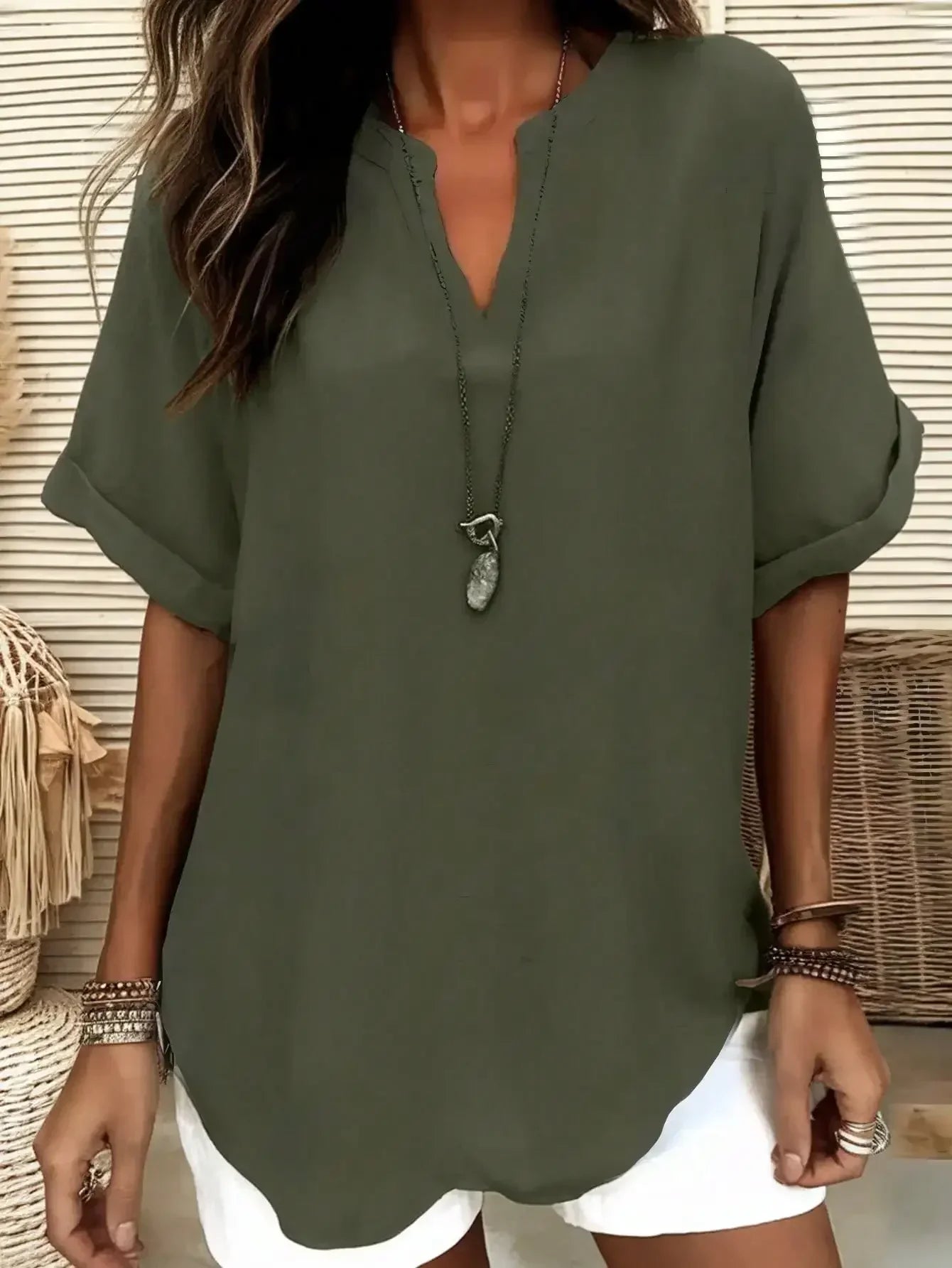 Blouse Casual Col V Manches Longues Couleur Unie - Grandes Tailles 1XL-5XL