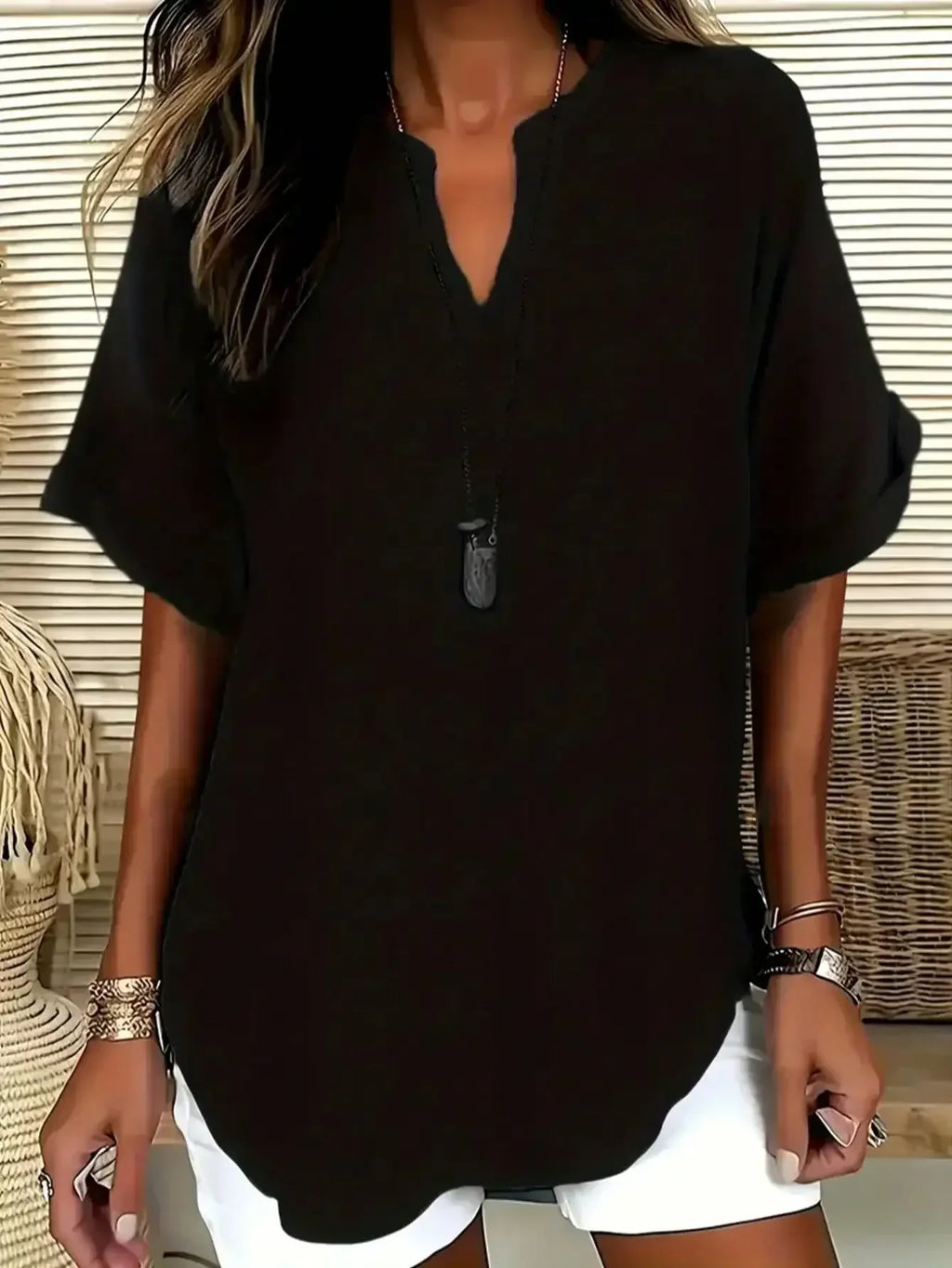 Blouse Casual Col V Manches Longues Couleur Unie - Grandes Tailles 1XL-5XL